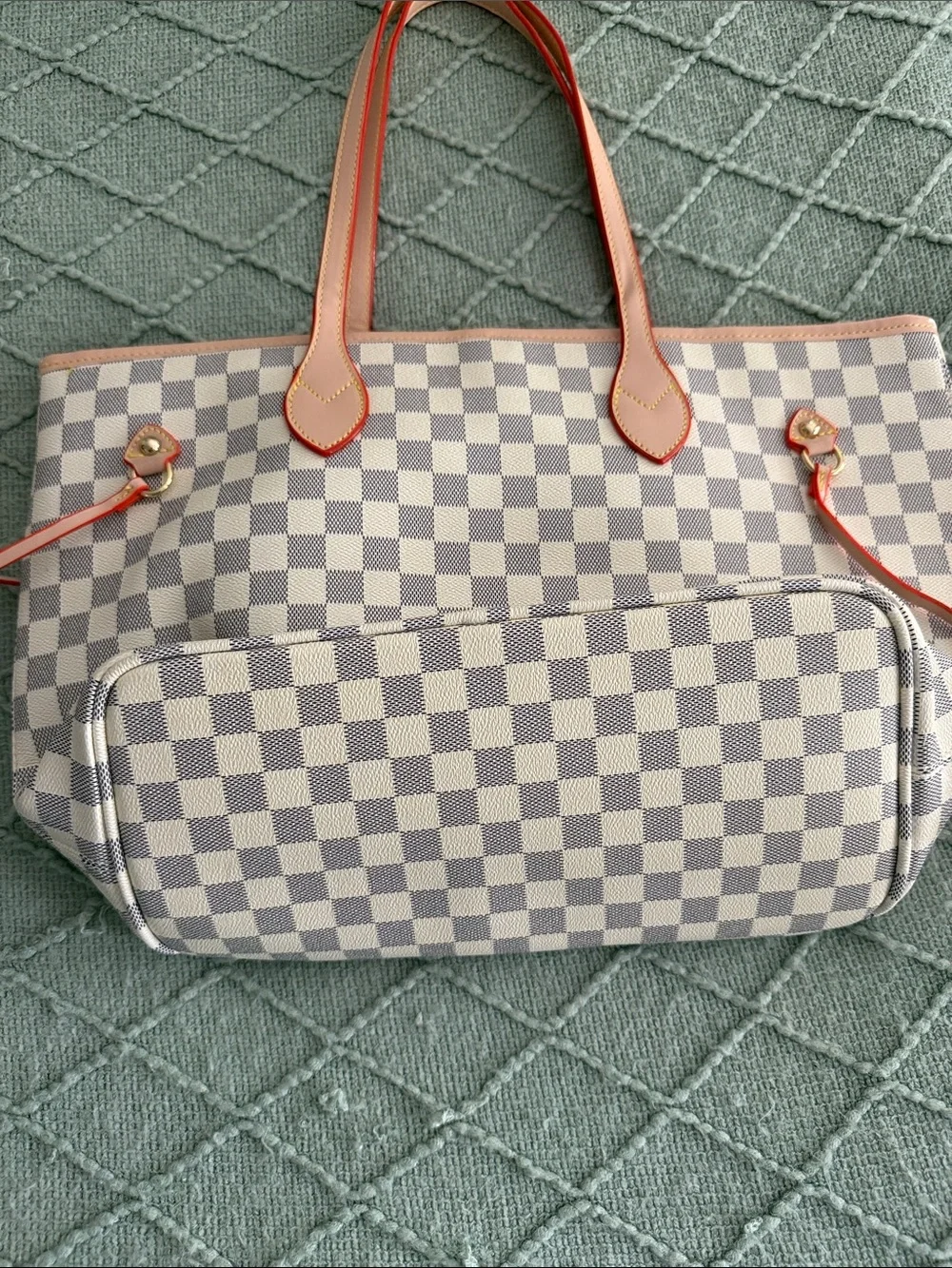 Beige Check Canvas Tote with Pink Trim